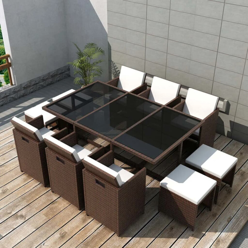vidaXL Outdoor Dining Set 11 Piece with Cushions Poly Rattan Brown Garden Set