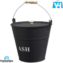 12L ASH BUCKET - Black Powder-Coated Cast Iron with Lid and Wooden Grip Handle - Fireside Scuttle