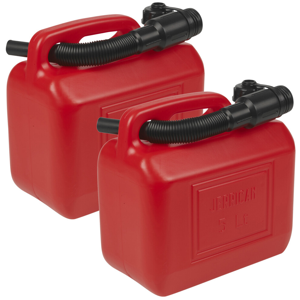 (2) 5 Litre Red Plastic Fuel Jerry Can Spout Container