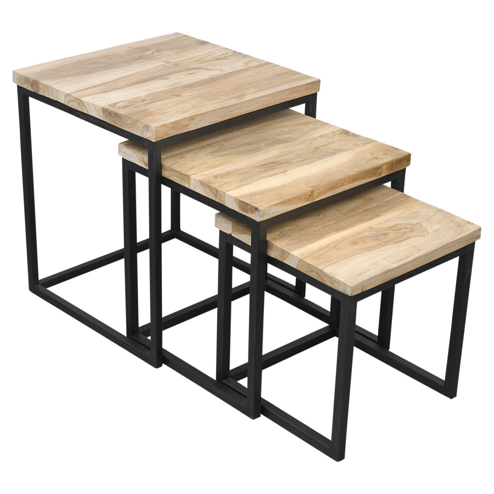 3 Pcs Rustic Urban Square Metal Solid Teak Nesting Coffee Table Set