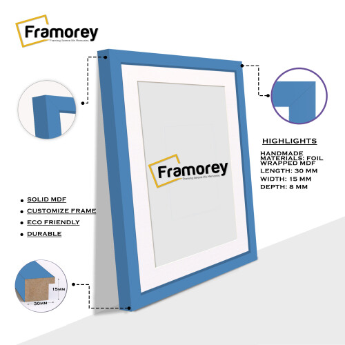 (A5 Pic (A4 Frame)) Blue Picture Frame Photo Frames With White Mount Wall Art Hanging Frame Home Decor Frame 1