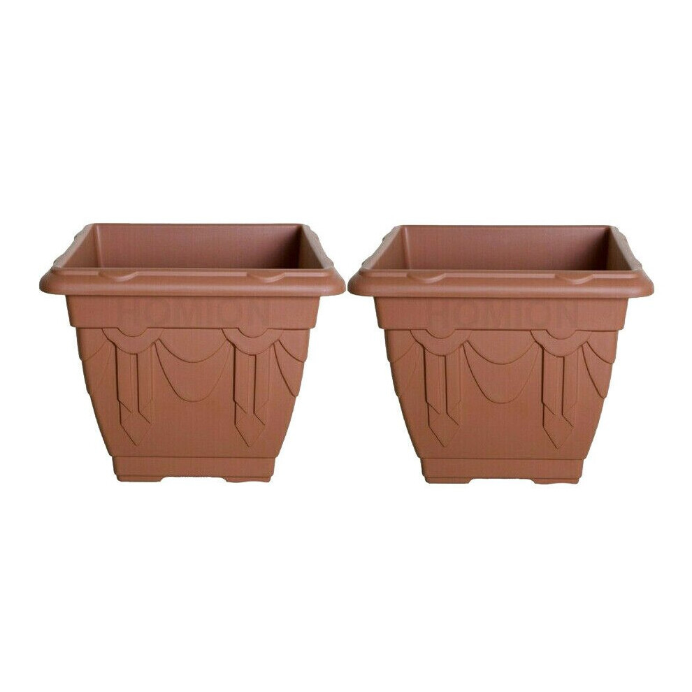 (30 cm set of 2) Terracotta Square Venetian Plastic Flower Pots Garden Plants Container Growing