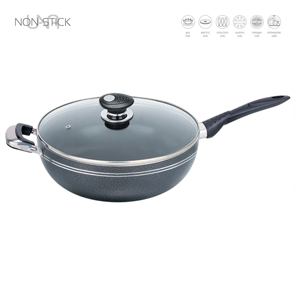 (28 cm 4.8 Litre) SQ Professional UNA Non-Stick Aluminium Wok Long Handle with Lid