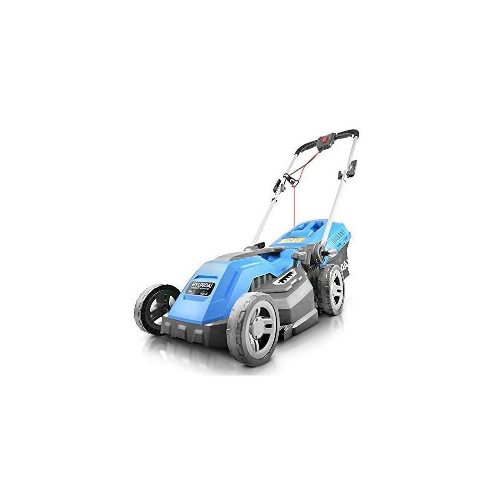 Hyundai 1600w 230v Corded Electric Rotary Lawnmower With Rear Roller, 38cm Cutting Width, Mulching, 30l Box, 5 Heights, 10m Power Cable,