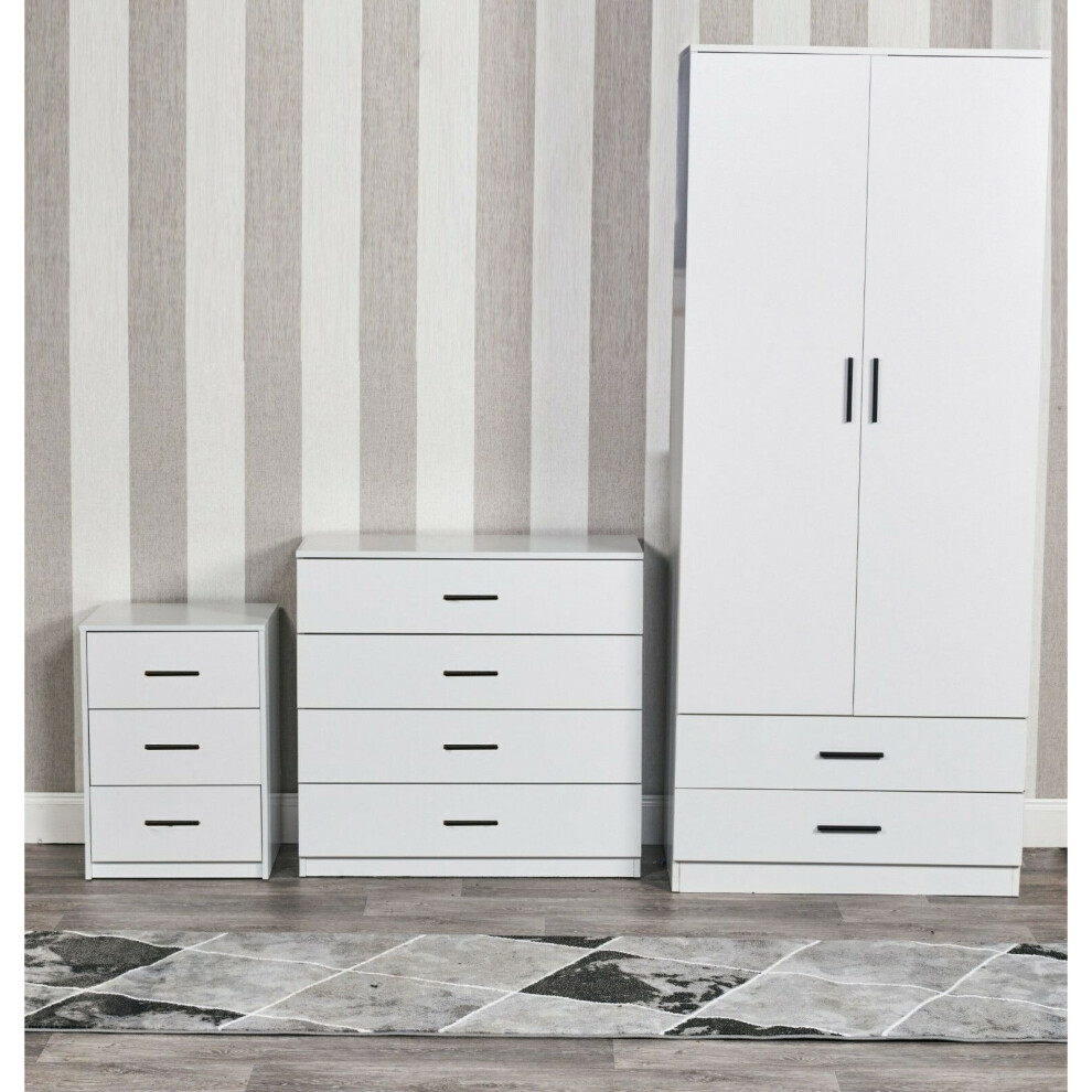 (White) 4 Pcs Wooden Bedroom Wardrobe Chest Bedside Table