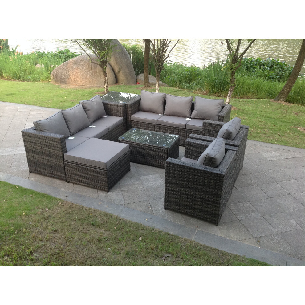 Fimous (Oblong Table +Side Table, Without Rain Covers) 9 Seater Rattan Garden Patio Furniture Sofa Chair