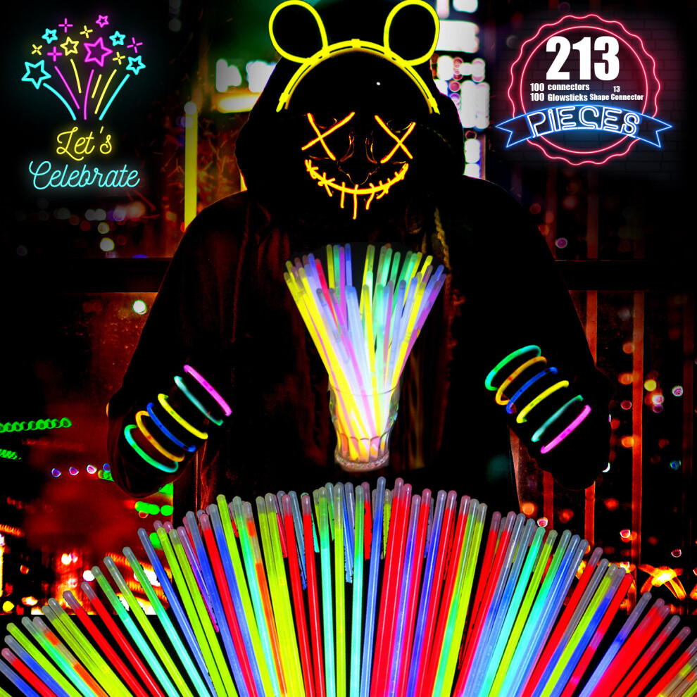 (213pcs) 8" Glow Sticks with Connectors to Create Bracelets Wrist Band neon glow sticks Necklace for Party Supplies, Birthday, Wedding Favors, Mixed Colours