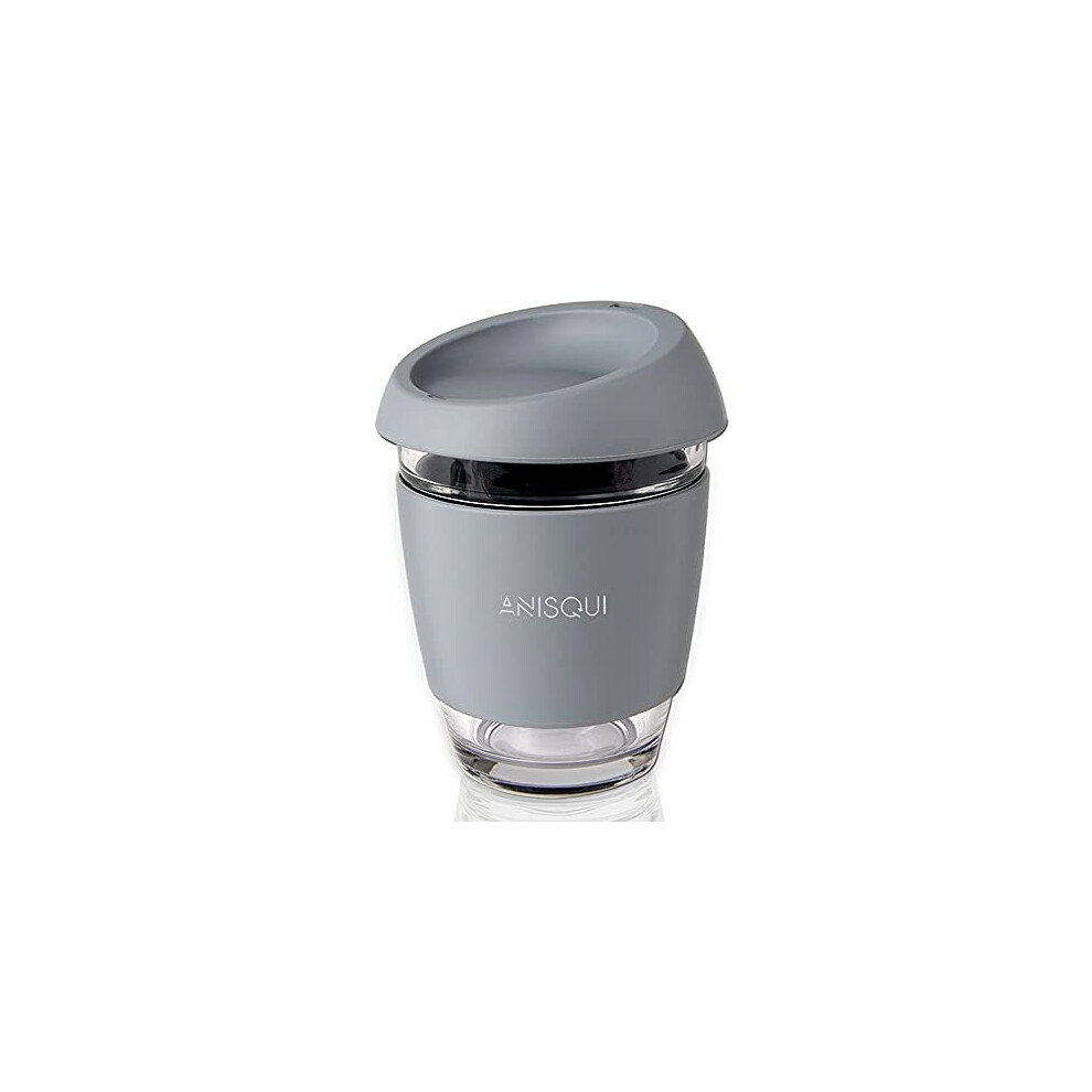 Glass Travel Mug, 12oz 350ml Portable Coffee Cup with lid by AniSqui (Grey)