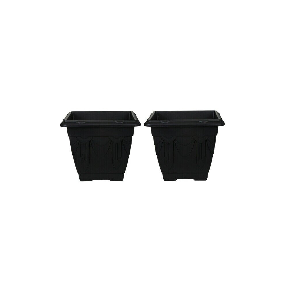 (38 cm set of 2) Black Square Plastic Venetian Flower Pot Pots Garden Plants Container Growing