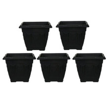 (22 cm set of 5) Black Square Plastic Venetian Flower Pot Pots Garden Plants Container Growing