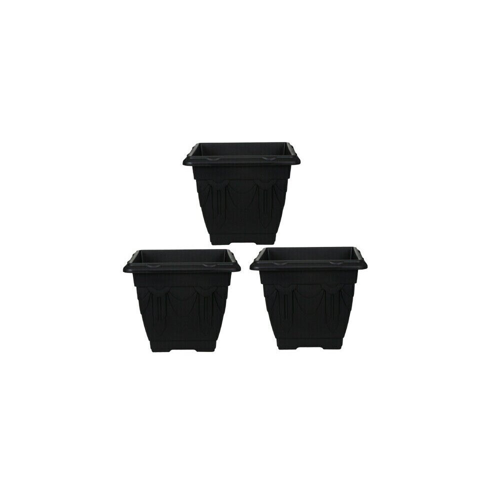 (22 cm set of 3) Black Square Plastic Venetian Flower Pot Pots Garden Plants Container Growing