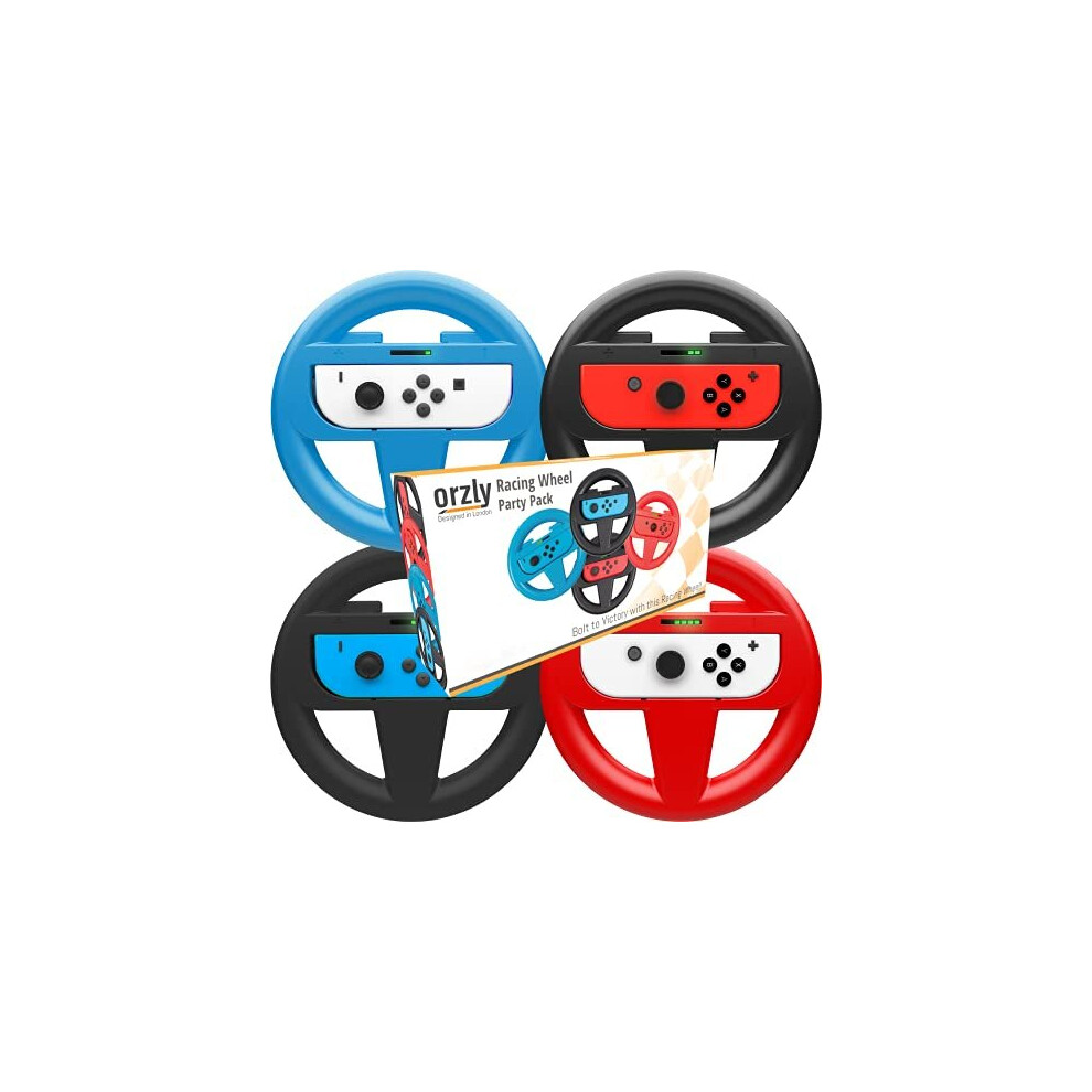 Orzly Steering Wheels For Nintendo Switch & Oled Console - Party Pack (4 Wheels), Steering Wheel Joycon Controller Attachments For Mariokart Red/Blue/Black 5060498273497