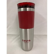 Costa Coffee Reusable Red Plastic Travel Mug Tumbler Cup, Double Wall 450ml, Ripple Design