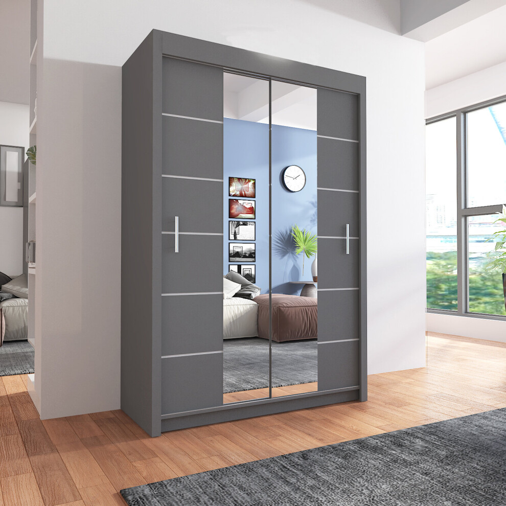 (150cm, Grey) Sliding Mirror Door Wardrobe | Lisbon