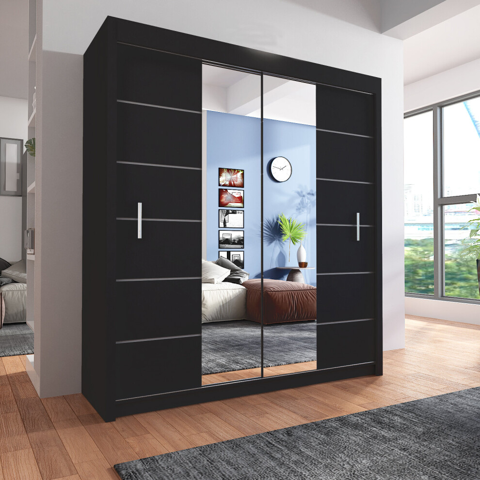 (203cm, Black) Sliding Mirror Door Wardrobe | Lisbon