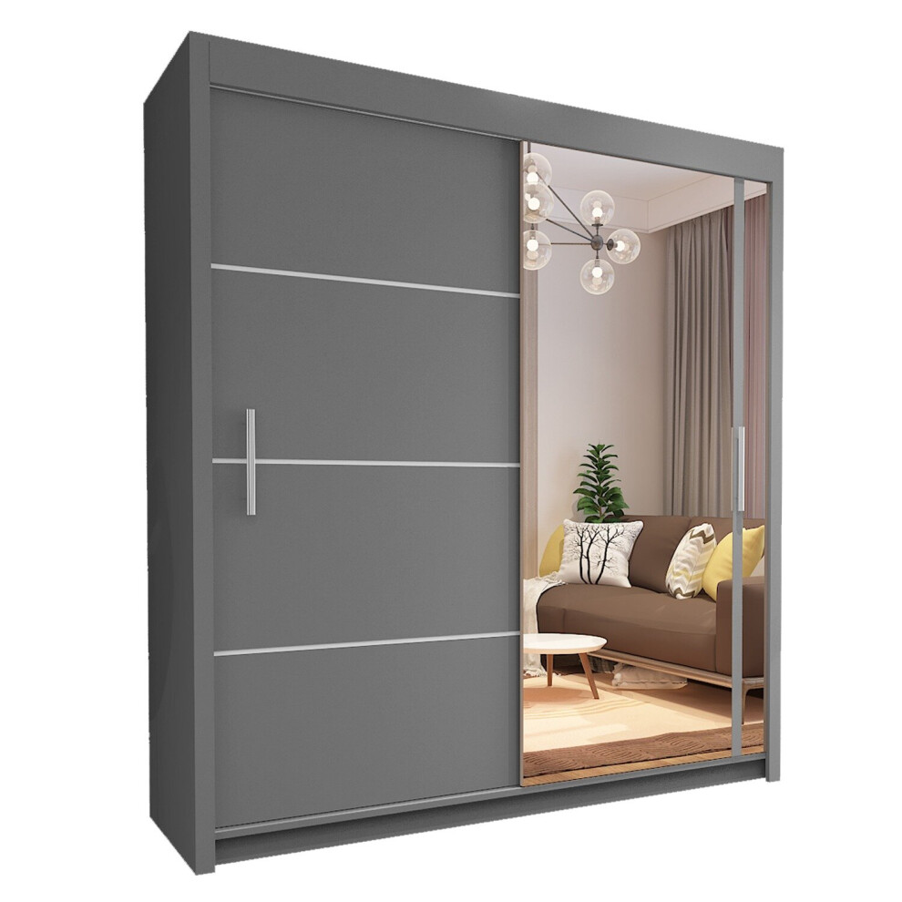 (203cm, Grey) Sliding Mirror Door Wardrobe | Vision