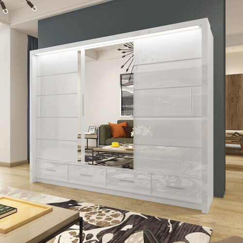 (257cm, White) High Gloss Sliding Mirror Door Sycylia Wardrobe