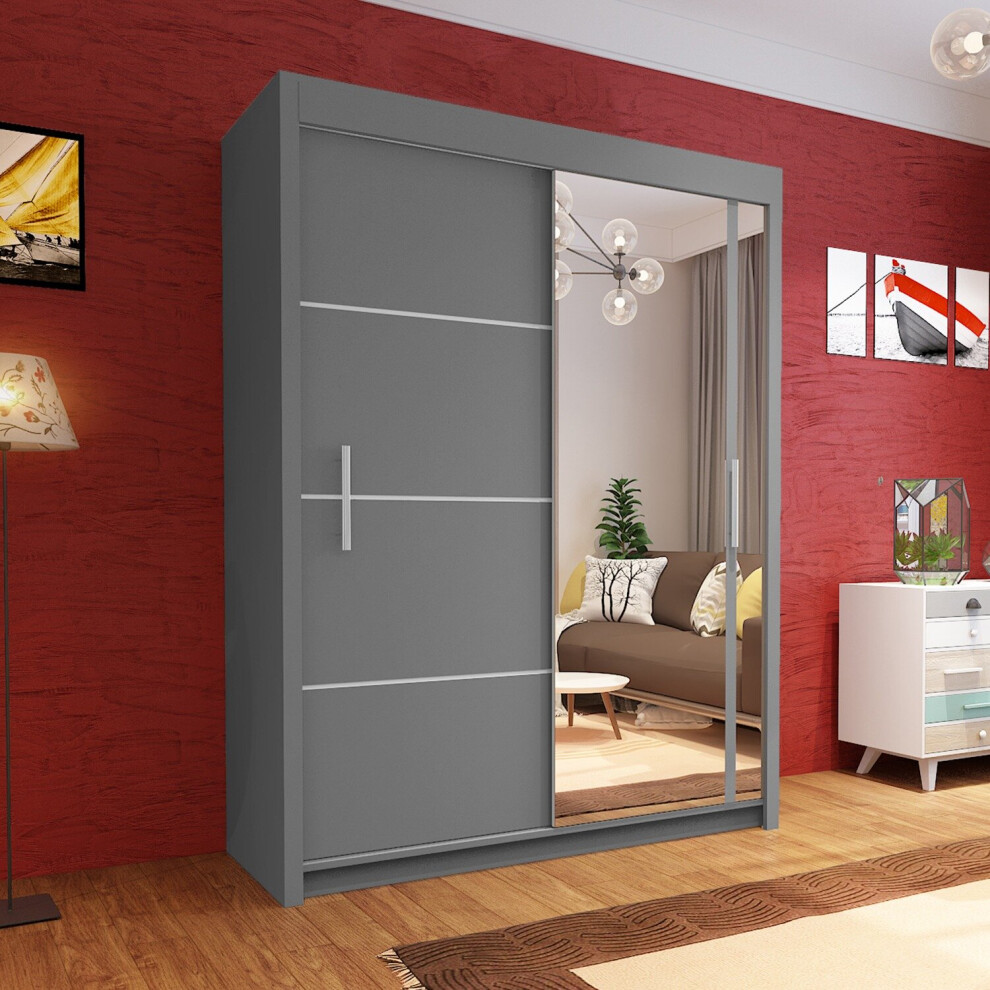 (150cm, Grey) Sliding Mirror Door Wardrobe | Vision