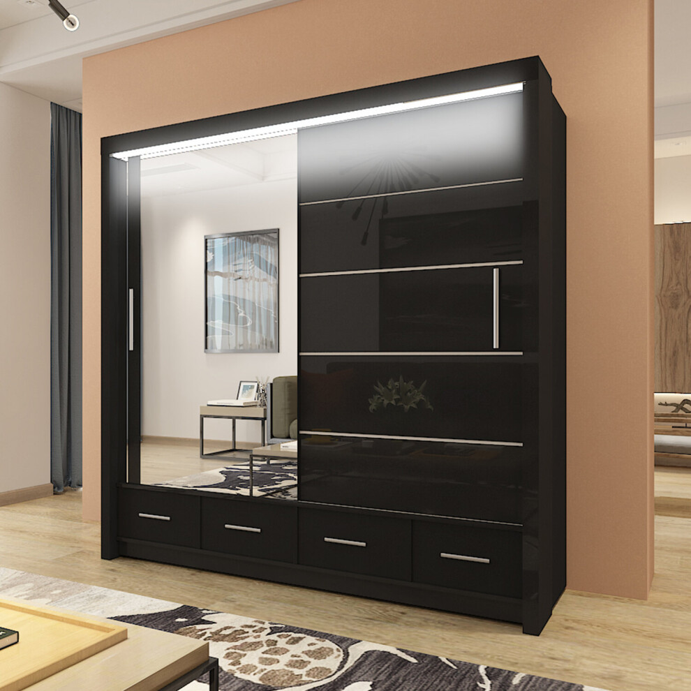 (207cm, Black) High Gloss Sliding Mirror Door  Sycylia Wardrobe