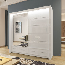 (207cm, White) High Gloss Sliding Mirror Door Sycylia Wardrobe