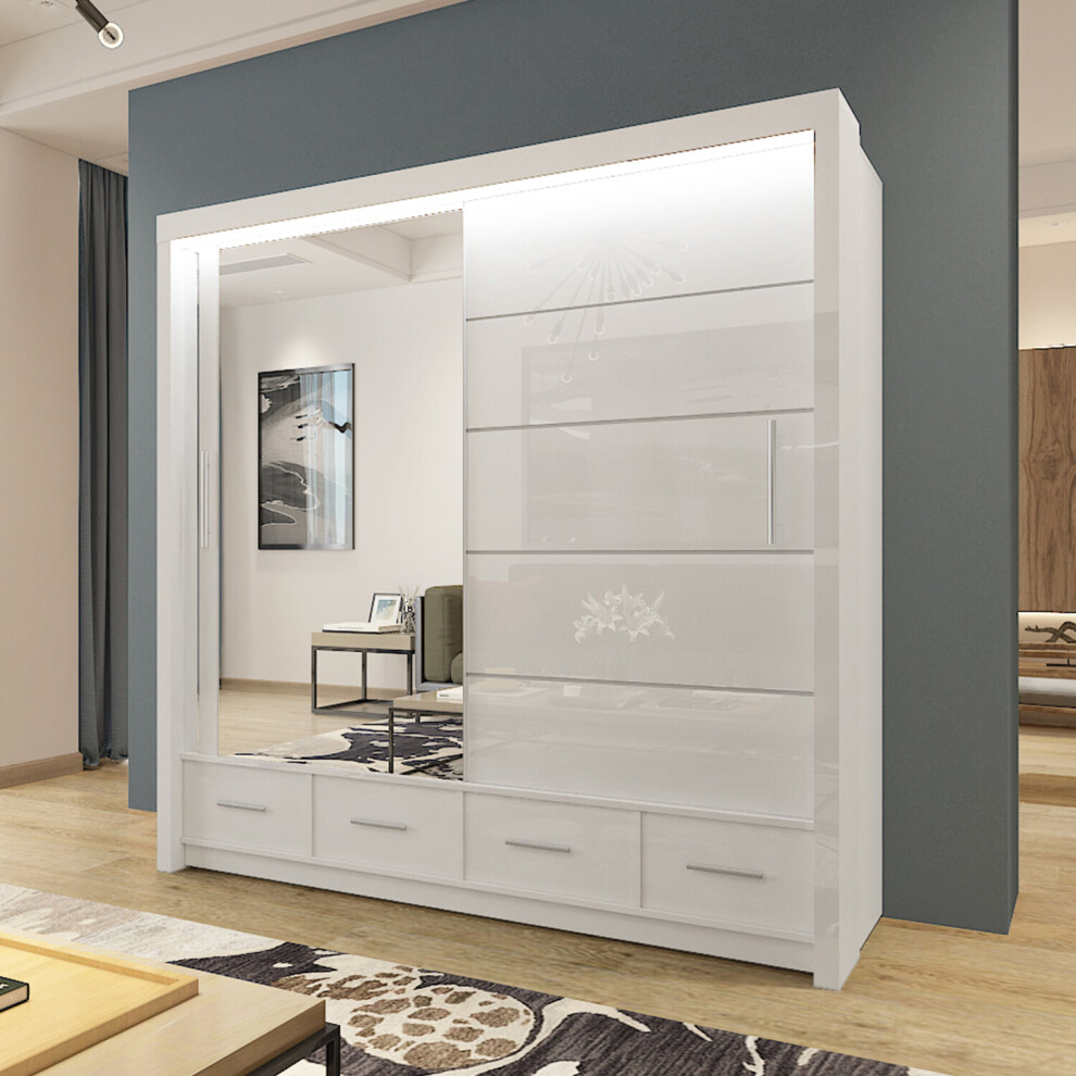 (207cm, White) High Gloss Sliding Mirror Door  Sycylia Wardrobe