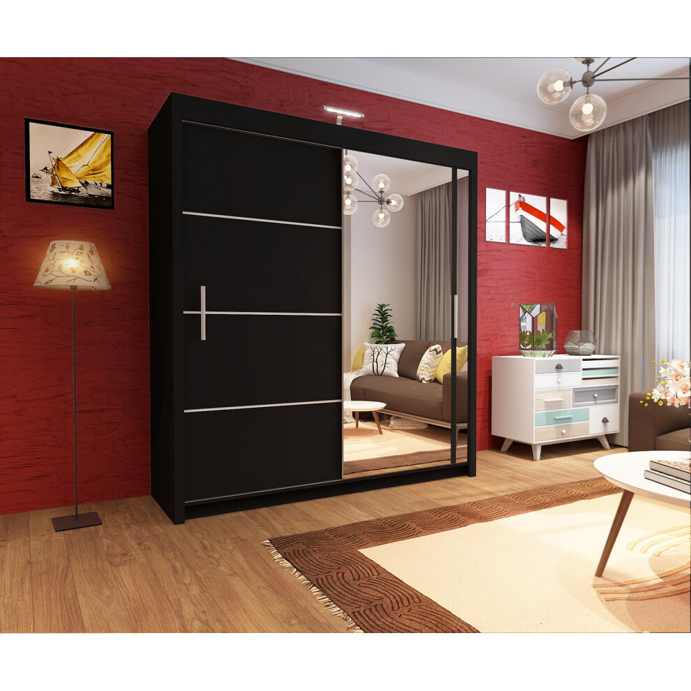 (203cm, Black) Sliding Mirror Door Wardrobe | Vision