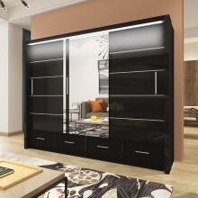 (255cm, Black) High Gloss Sliding Mirror Door Wardrobe