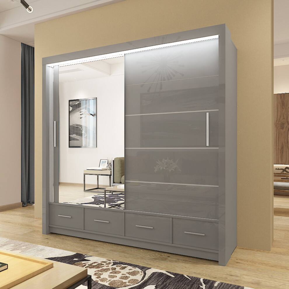 (207cm, Grey) High Gloss Sliding Mirror Door  Sycylia Wardrobe