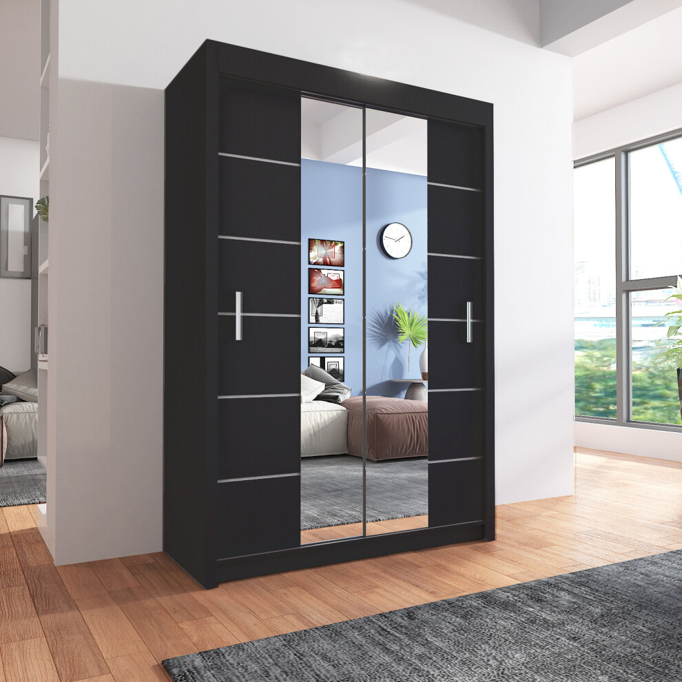 (150cm, Black) Sliding Mirror Door Wardrobe | Lisbon