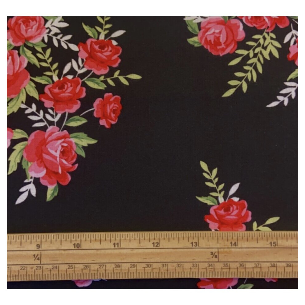 Fat Quarter Charming Starlet Pink Roses On Black 100% Cotton Quilting Fabric