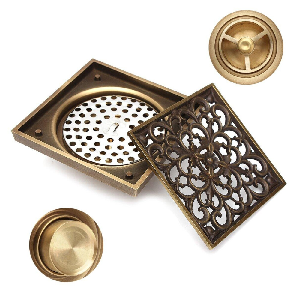 Antique Brass Square Floor Drain For Bathroom Kitchen W/ Strainer Grate 10X10x4.5cm 623414339964