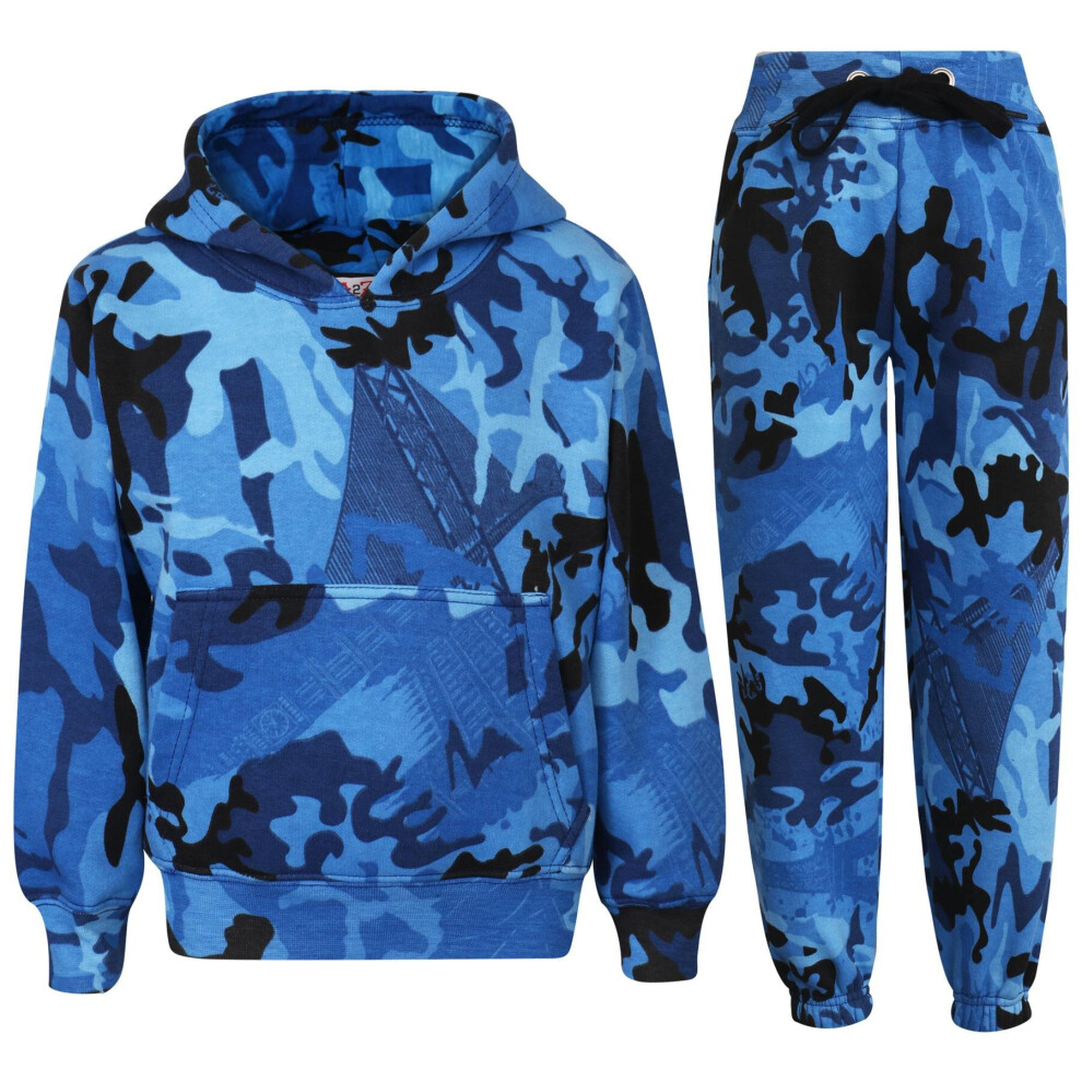 (11-12 Years, Camo Blue) Unisex Camo Blue Hooded Jogging Suit Joggers 2-13