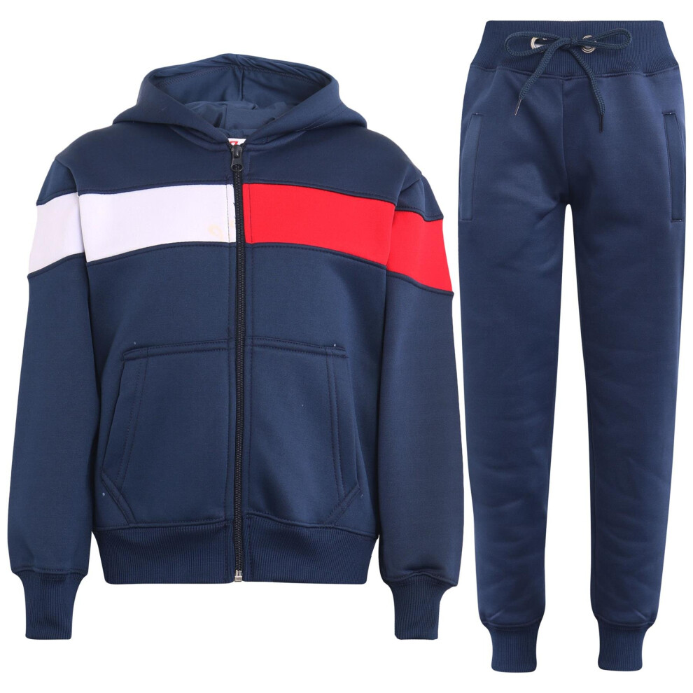 (11-12 Years, Navy) Girls Boys Contrast Panelled Hooded Tracksuit 5-13