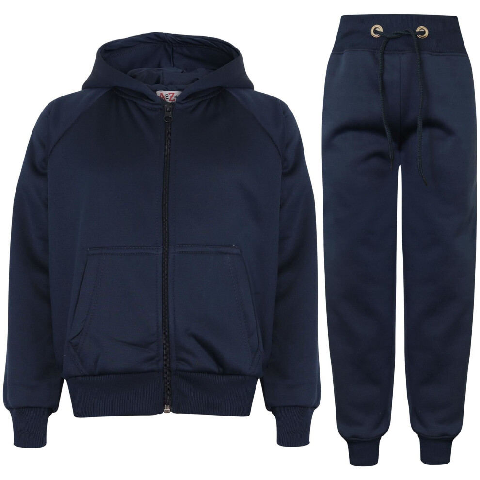 (7-8 Years, Navy) Unisex Plain Tracksuit Cuffed Hoodie Sweatpants