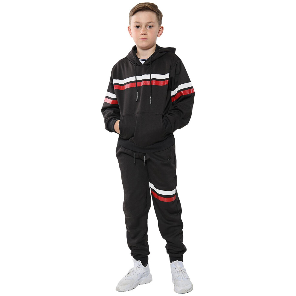 (11-12 Years, Black) Unisex Jogging Tracksuits Fleece Hooded Top Bottom