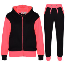 (9-10 Years, Neon Pink) Girls Neon Pink Fleece Hooded Tracksuit 2-13