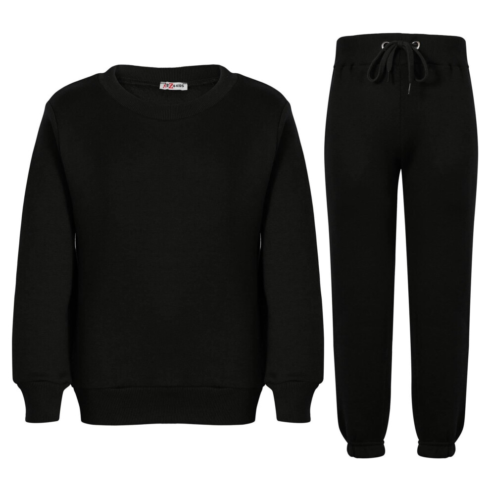 (9-10 Years, Black) Unisex Plain Tracksuit Jumper & Bottoms Set 5-13