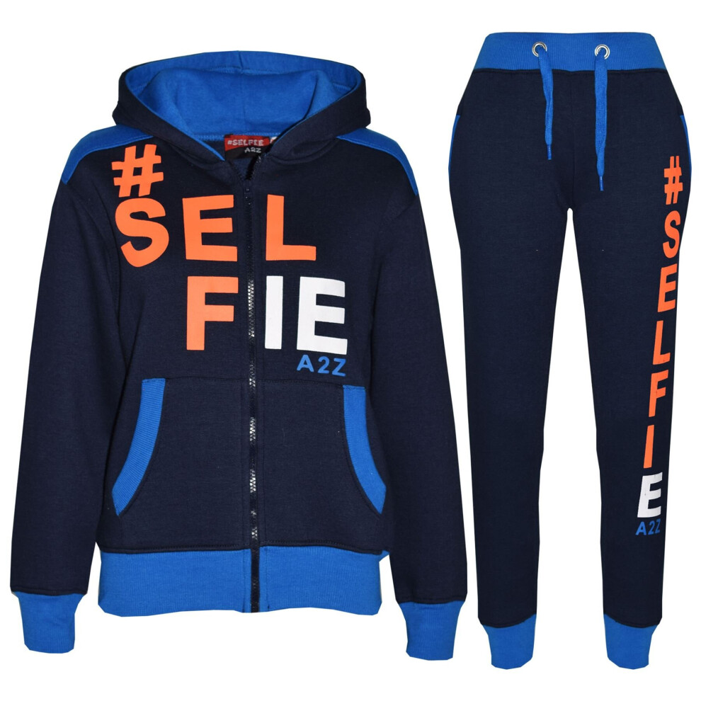 (13-14 Years, Navy) Unisex #Selfie Tracksuit Hoodie Bottom Jog Suit