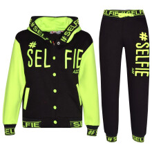 (7-8 Years, Neon Green) Unisex Tracksuit #Selfie Embroidered Top & Bottom