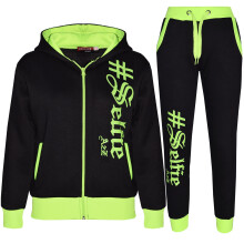 (11-12 Years, Black & Neon Green) Unisex #SELFIE Hoodie Sweatpant Zipper Joggers Set