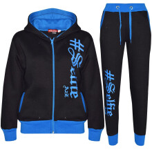(9-10 Years, Black & Blue) Unisex #SELFIE Hoodie Sweatpant Zipper Joggers Set