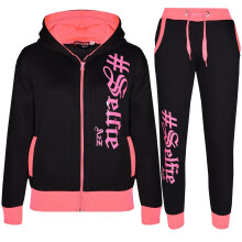 (5-6 Years, Black & Neon Pink) Unisex #SELFIE Hoodie Sweatpant Zipper Joggers Set