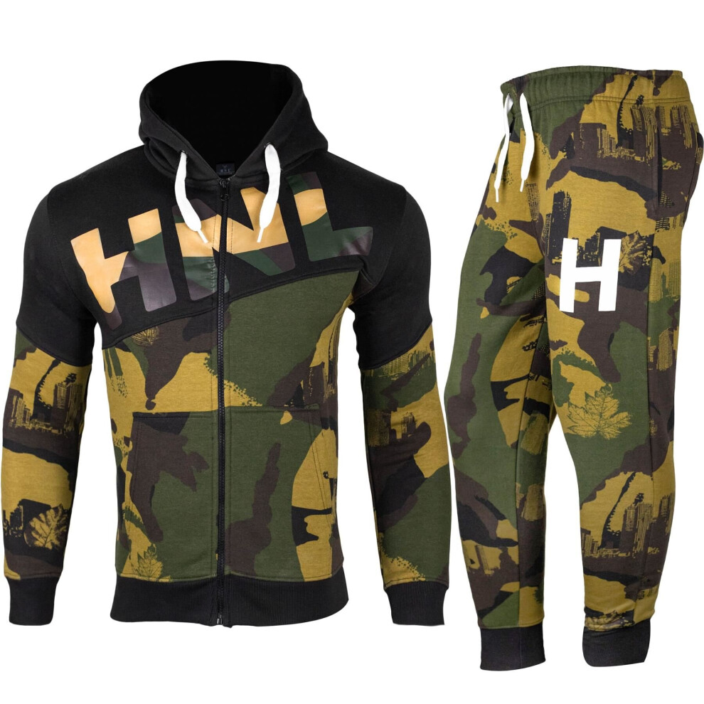 (M, 841 Camo Khaki) Mens Full Tracksuit HNL Print Hooded Top & Bottoms