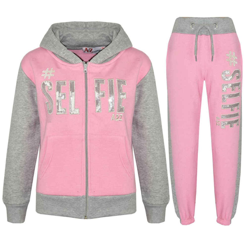 (9-10 Years, Baby Pink & Grey) Unisex #Selfie Print Hooded Top Bottom Tracksuits