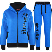 (7-8 Years, Royal Blue) Unisex #SELFIE Hoodie Sweatpant Zipper Joggers Set