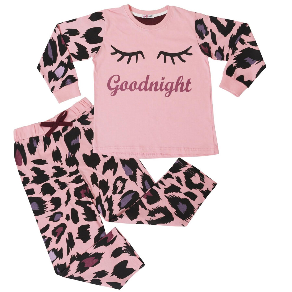 (9-10 Years, 154 Baby Pink) Girls Goodnight Baby Pink Pyjamas 2 Piece Leopard