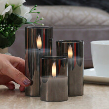 3 Pack Battery Power Real Wax Flickering Flameless LED Pillar Candle Grey Smoked Glass | Indoor Home Bedroom Decoration
