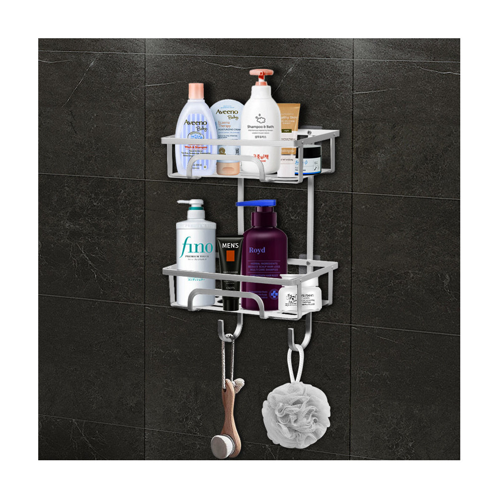 Self Adhesive 2 Tier Aluminium Shower Caddy with 2 Bottom Hooks