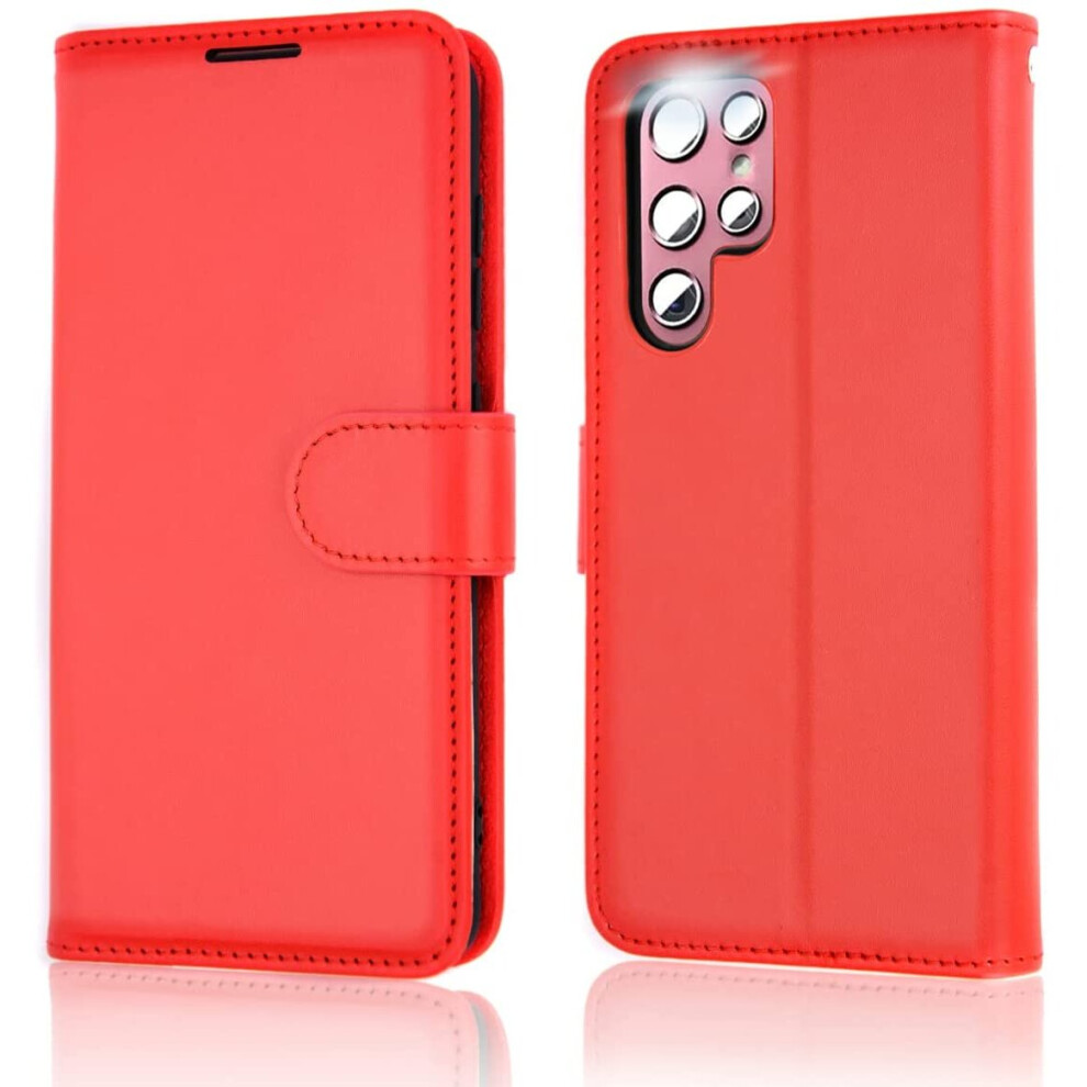 TECHGEAR Galaxy S22 Ultra Leather Wallet Case, Flip Protective Case Cover with Wallet Card Holder, Stand and Wrist Strap - Red...