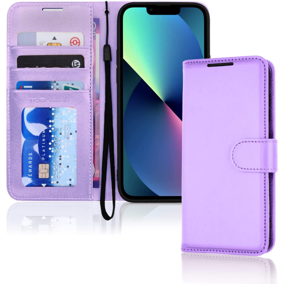 TECHGEAR iPhone 13 Leather Wallet Case, Flip Protective Case Cover with Wallet Card Holder, Stand and Wrist Strap - Purple PU...